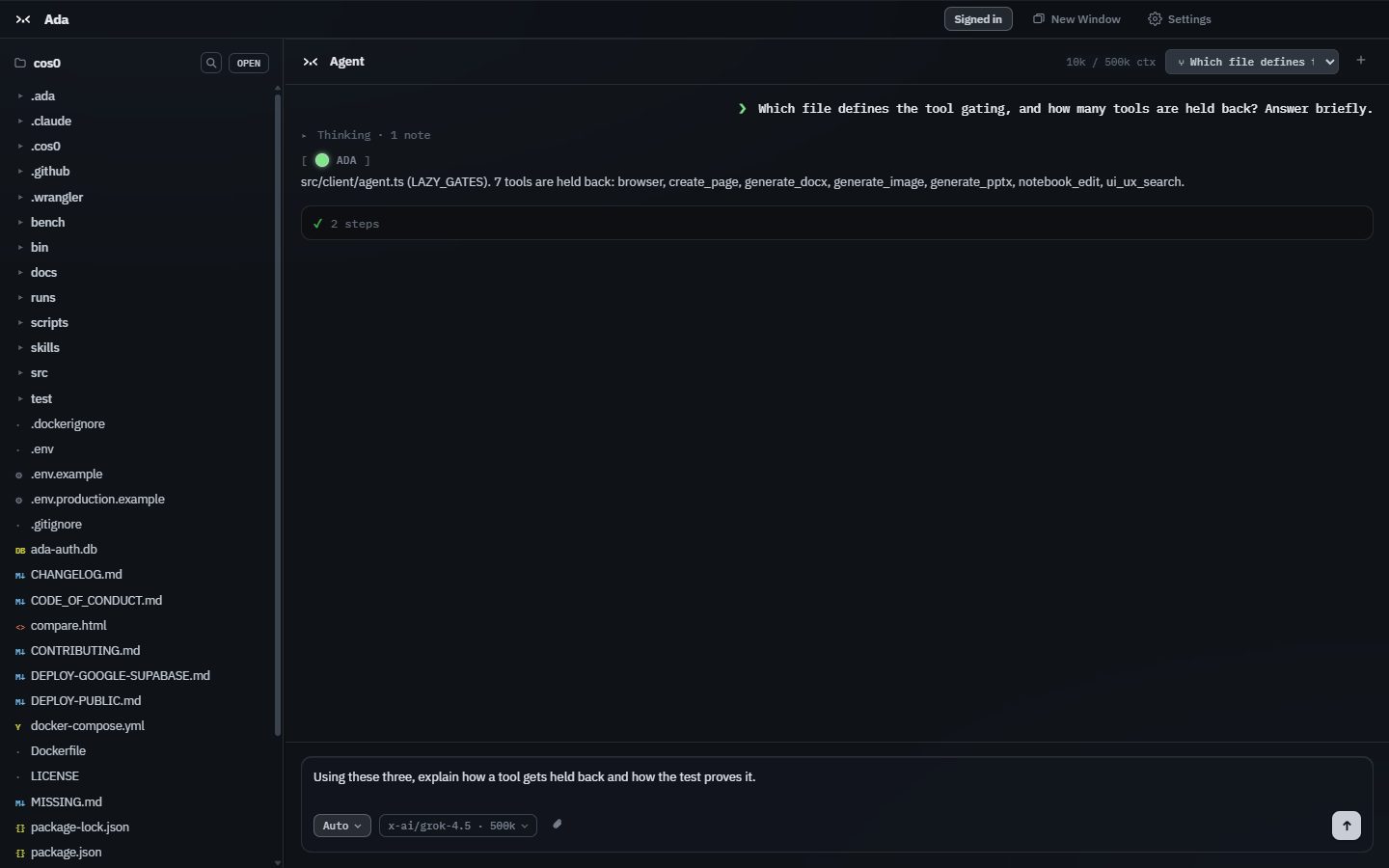 Ada answering a question about its own source in two steps, using 10k of a 500k context window