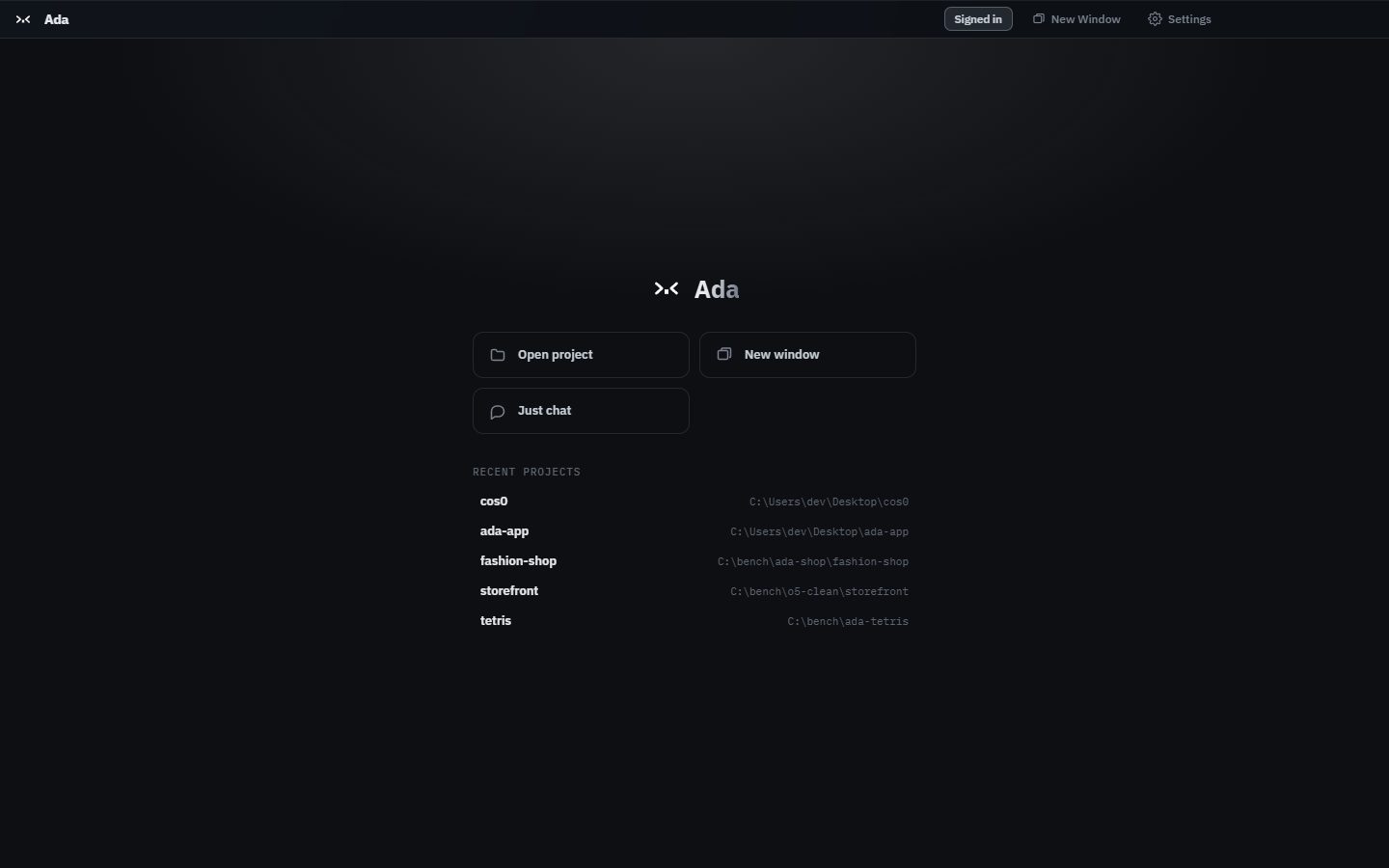 Ada's welcome screen with open project, new window, just chat, and recent projects